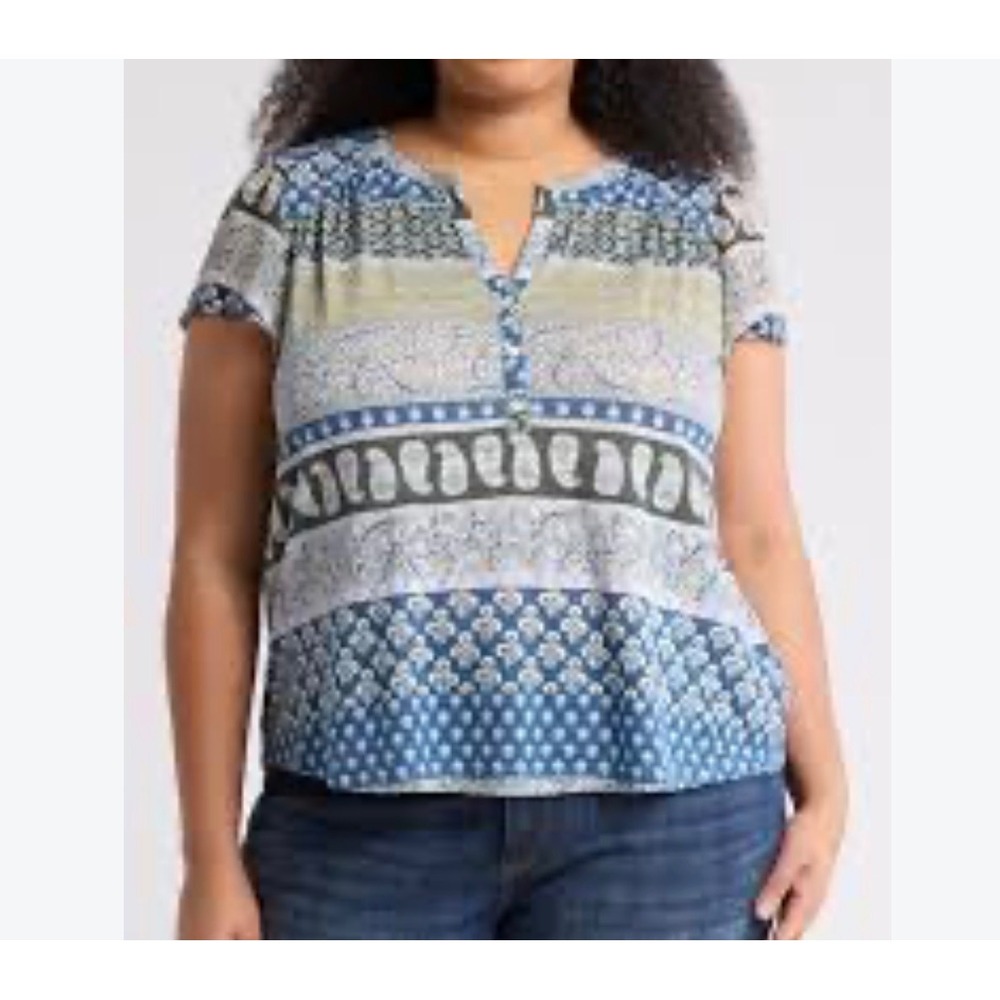 Lucky Brand 3X patchwork Paisley Split y Button Top boho dainty colorful cottage